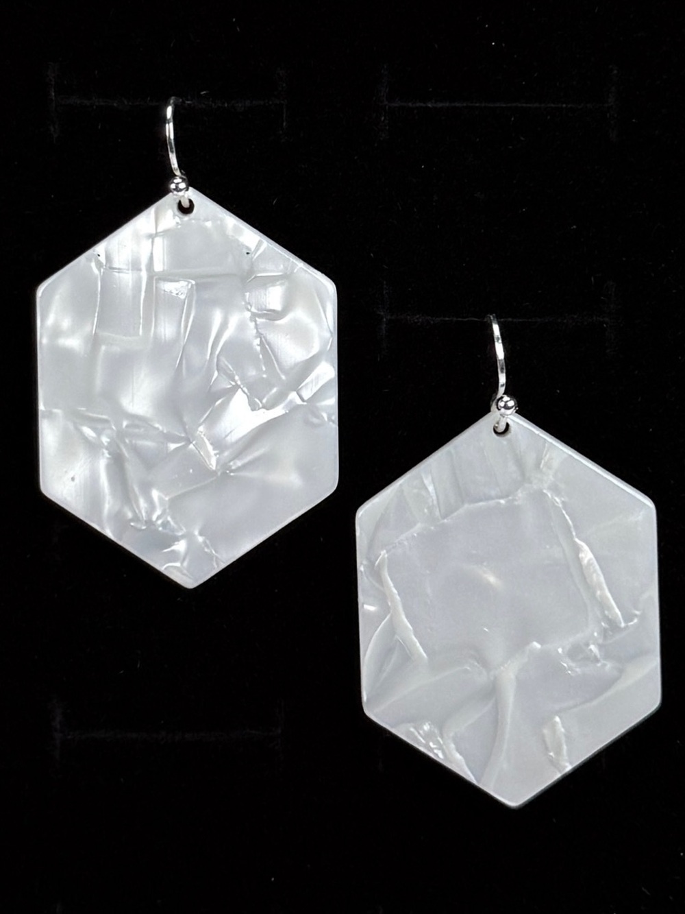 White Pearlescent Geometric Hexagon Pierced Dangle Earrings